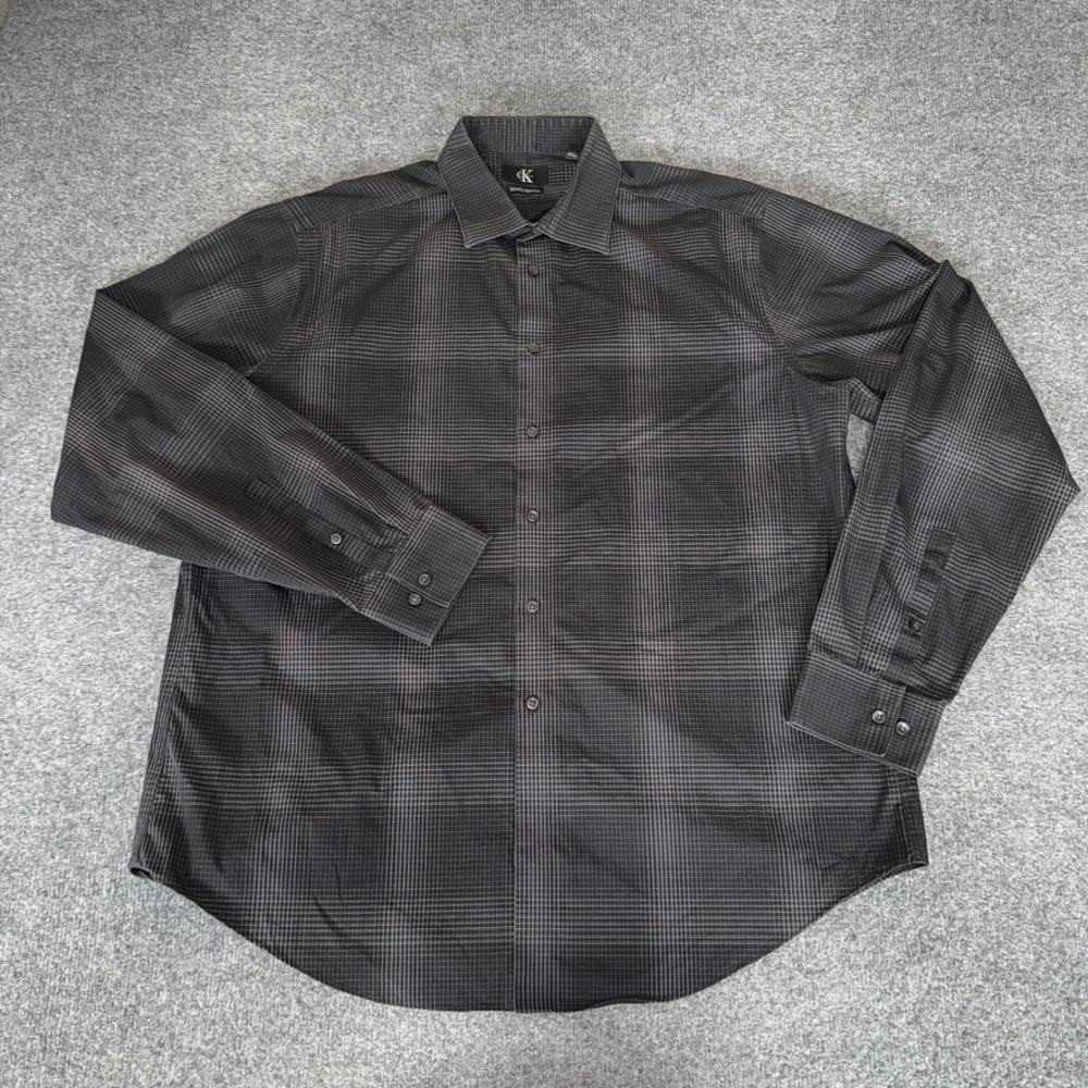 Calvin Klein Mens XL Slim Fit Non Iron Plaid Button Down Shirt Black Grey Casual